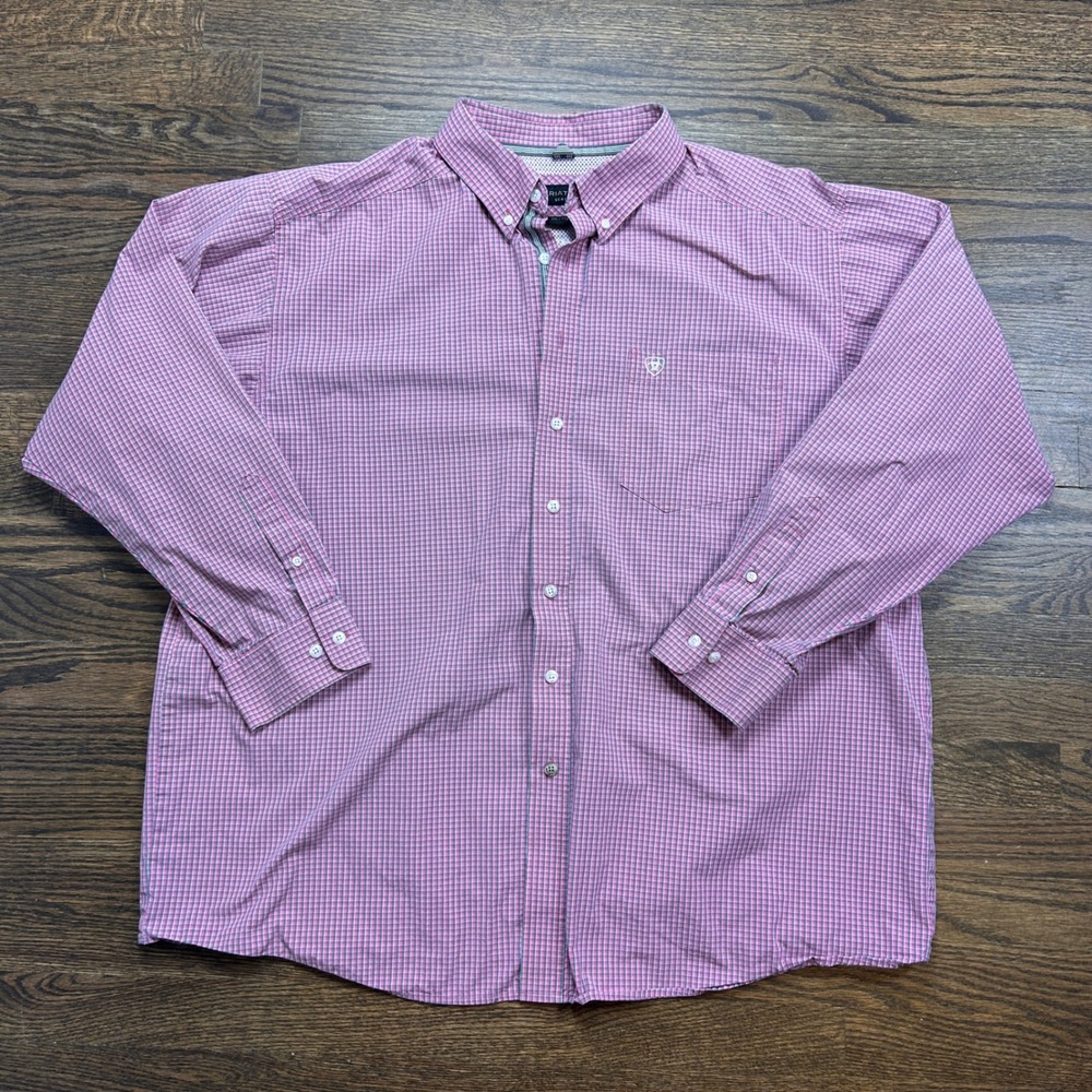 Ariat Pro Series Shirt Mens XXL Pink Blue Micro Check Long Sleeve Western Rodeo